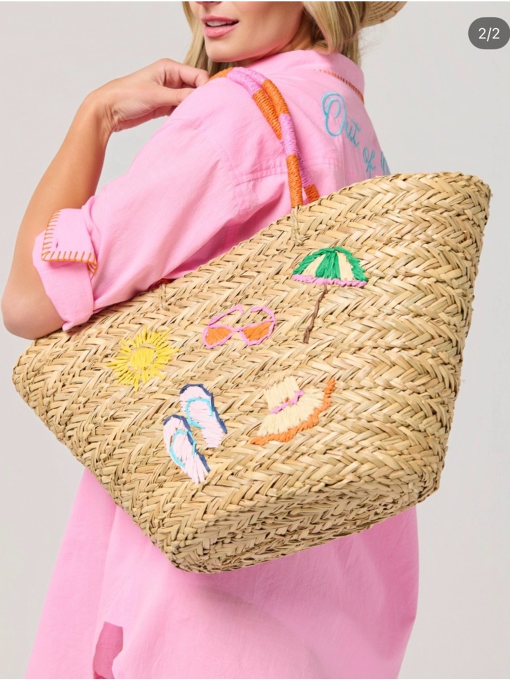 Altar'd State Natural Straw Tote with Colorful Embroidered Beach Motifs